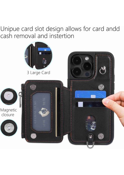 iPhone 15 Pro Max Rfıd Engelleme Cüzdanı Telefon Kılıfı Şok Geçirmez Pu Deri+Tpu Kapak Kayışla (Yurt Dışından)