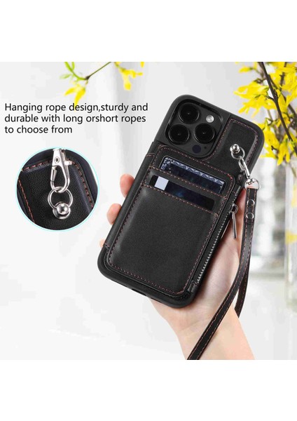 iPhone 15 Pro Max Rfıd Engelleme Cüzdanı Telefon Kılıfı Şok Geçirmez Pu Deri+Tpu Kapak Kayışla (Yurt Dışından)