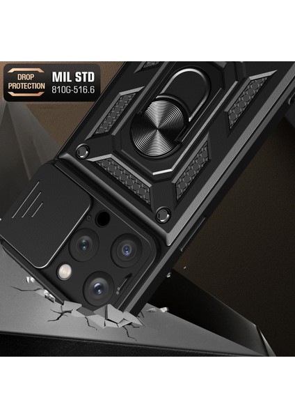 iPhone 15 Pro Max Kamera Lens Slide Tasarım Telefon Kılıfı Pc+Tpu Kickstand Cover (Yurt Dışından)