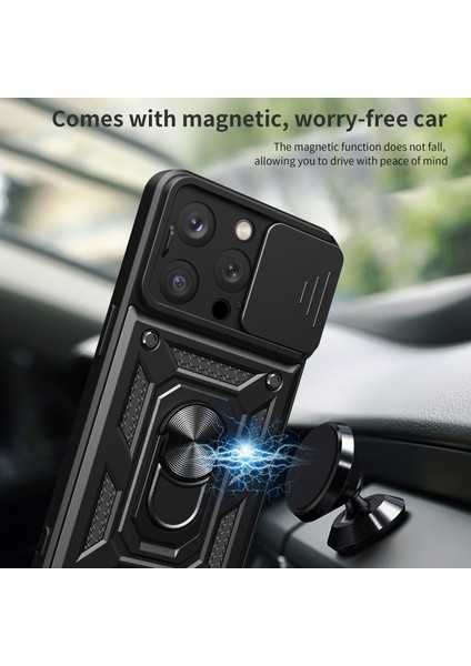 iPhone 15 Pro Max Kamera Lens Slide Tasarım Telefon Kılıfı Pc+Tpu Kickstand Cover (Yurt Dışından)