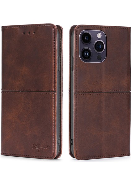 iPhone 15 Pro Max Cowhide Doku Telefon Kapağı Pu Deri Stand Kart Kart Yuvaları (Yurt Dışından)