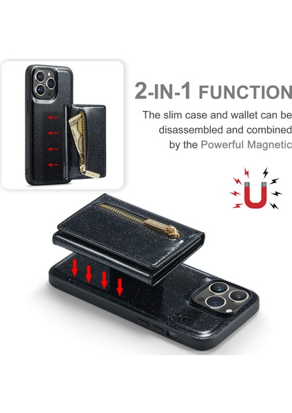 iPhone 15 Pro Max Magnicy Söndürülebilir Kapak Hafif Deri Kaplamalı Pc+Tpu Cüzdan Kickstand Telefon Kılıfı (Yurt Dışından)