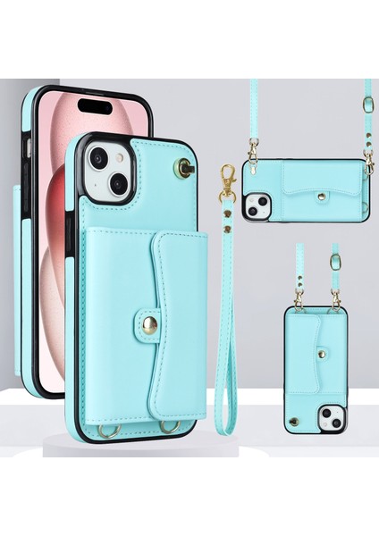 iPhone 15 Plus Telefon Kabuğu, Kart Yuvaları Pu Deri+Tpu Telefon Vaka Kickstand Kapak 2 Kayış (Yurt Dışından)