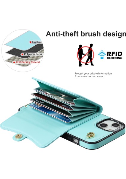 iPhone 15 Plus Telefon Kabuğu, Kart Yuvaları Pu Deri+Tpu Telefon Vaka Kickstand Kapak 2 Kayış (Yurt Dışından)