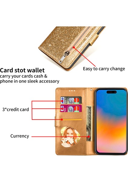 iPhone 15 Plus Işıltılı Pu Deri Telefon Kasası Fermuar Cep Cüzdan Telefon Standı Kapağı (Yurt Dışından)
