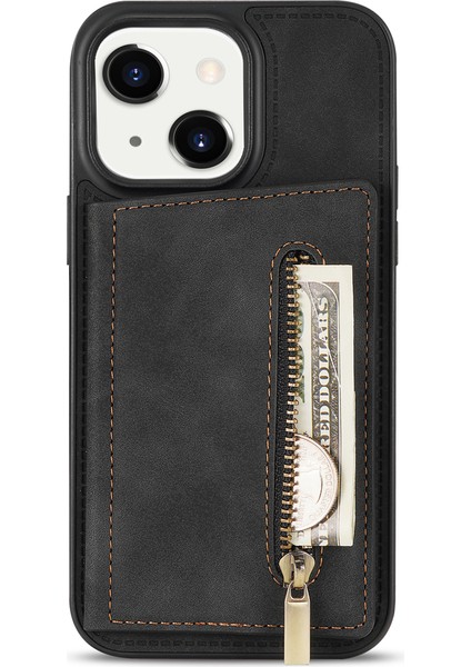 iPhone 15 Plus Zipper Cep Deri Kaplamalı Tpu Telefon Kılıfı Cüzdan Telefon Kickstand Kapak (Yurt Dışından)