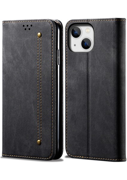 iPhone 15 Plus Darbeye Dayanıklı Telefon Kılıfı Cüzdan Standı Pu Deri Kot Kumaş Doku Telefon Kapağı (Yurt Dışından)
