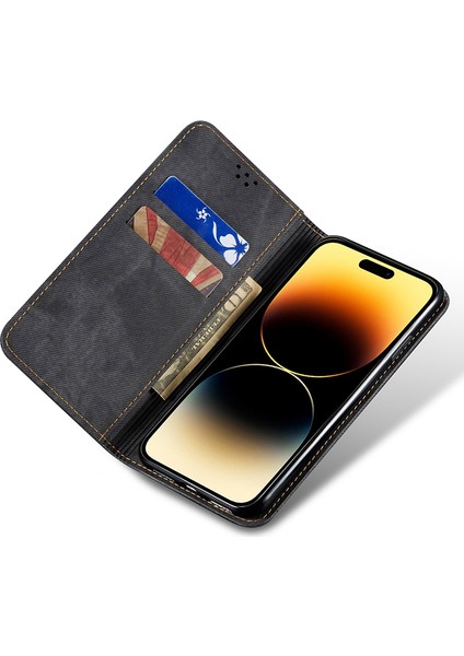 iPhone 15 Plus Darbeye Dayanıklı Telefon Kılıfı Cüzdan Standı Pu Deri Kot Kumaş Doku Telefon Kapağı (Yurt Dışından)