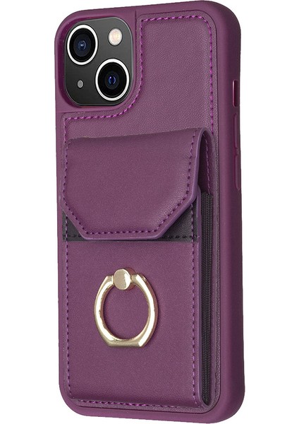 iPhone 15 Pu Deri Kaplamalı Tpu Telefon Kılıfı Yüzük Kickstand Cover, Kart Torbası ile (Yurt Dışından)