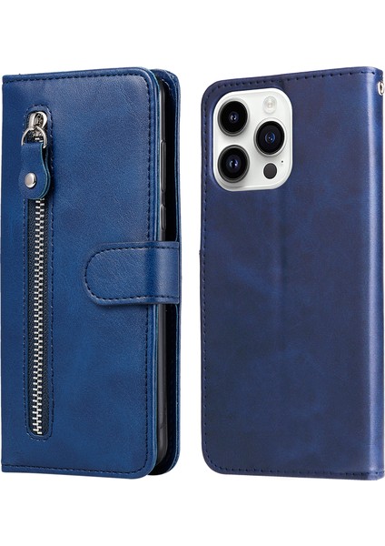 iPhone 15 Pro Buzağı Dokulu Telefon Kılıfı Fermuarlı Cüzdan Katlanabilir Stand Anti-Scratch Cep Telefonu Kapağı (Yurt Dışından)