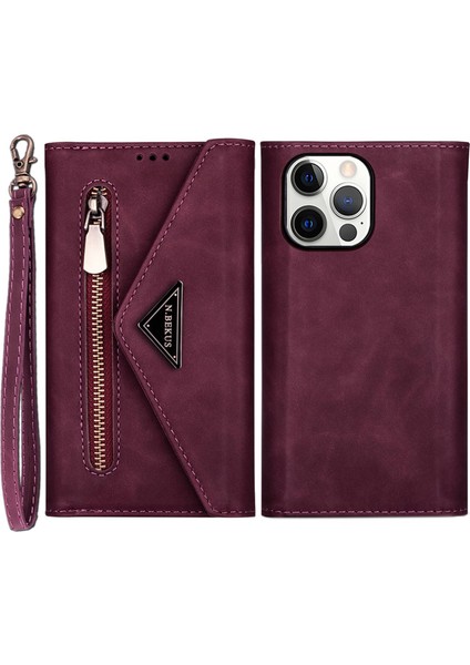 iPhone 15 Pro Cüzdan Deri Kılıfı Zipper Cep Stand Telefon Kapağı Kayış (Yurt Dışından)