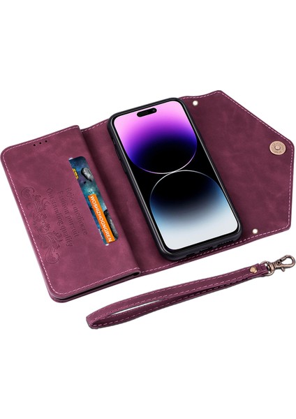 iPhone 15 Pro Cüzdan Deri Kılıfı Zipper Cep Stand Telefon Kapağı Kayış (Yurt Dışından)