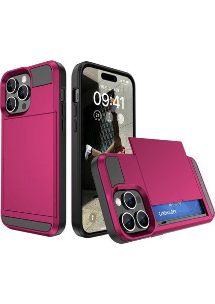 iPhone 15 Pro Sliding Card Tutucu Kapak Anti Drop Pc+Tpu Telefon Kılıfı (Yurt Dışından)