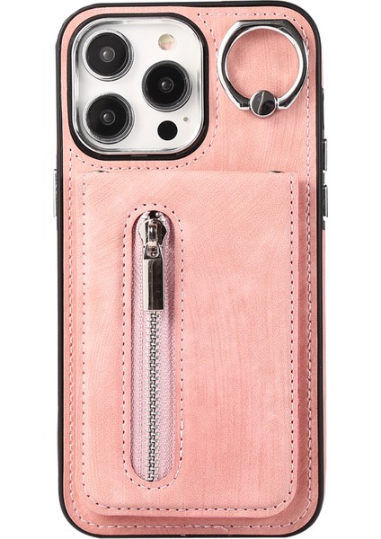 iPhone 15 Pro Deri+Tpu Kickstand Case Zipper Cep Telefonu Kapağı 2 Kayışla (Yurt Dışından)
