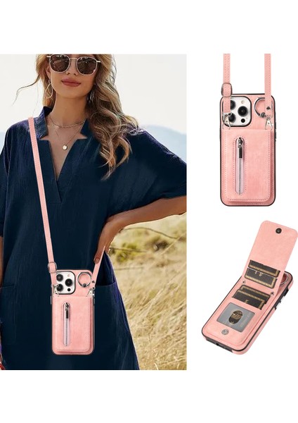 iPhone 15 Pro Deri+Tpu Kickstand Case Zipper Cep Telefonu Kapağı 2 Kayışla (Yurt Dışından)