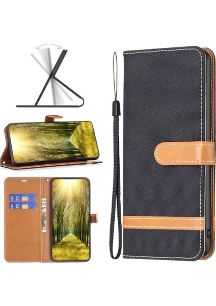 iPhone 15 Pro Pu Deri + Tpu Telefon Kılıfı Kot Kumaş Ekleme Cüzdan Standı Çizilmez Kapak (Yurt Dışından)