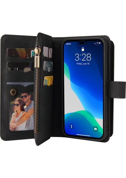 iPhone 15 Pro Max Çoklu Kart Yuvası Deri Cüzdan Kılıfı Zipper Cep Stand Telefon Kapağı (Yurt Dışından)