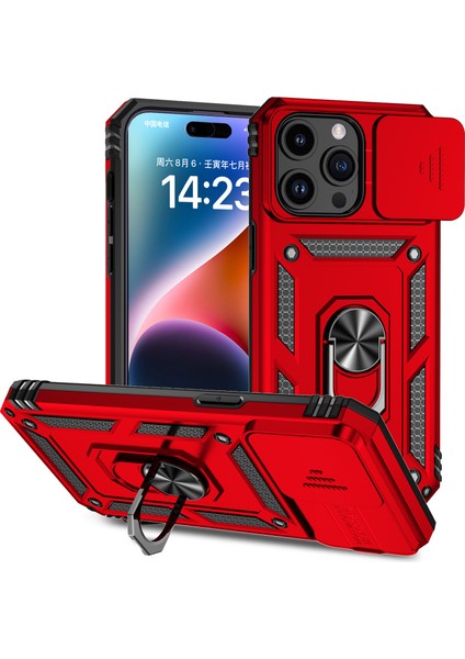 iPhone 15 Pro Max Slide Kamera Koruyucu Telefon Kılıfı Metal Yüzük Kickstand Anti-Cratch Pc + Tpu Kapağı (Yurt Dışından)