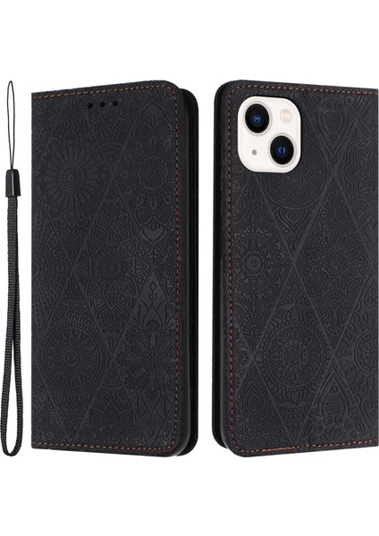 iPhone 15 Plus Katlanabilir Standlı Pu Deri Retro Çiçek Baskılı Telefon Kılıfı Cüzdan Kılıf (Yurt Dışından)