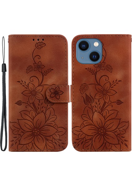 iPhone 15 Baskılı Zambak Çiçek Kasası Pu Deri Folyo Flip Cüzdan Standı Kabuğu (Yurt Dışından)