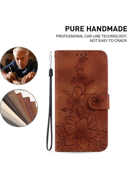 iPhone 15 Baskılı Zambak Çiçek Kasası Pu Deri Folyo Flip Cüzdan Standı Kabuğu (Yurt Dışından)