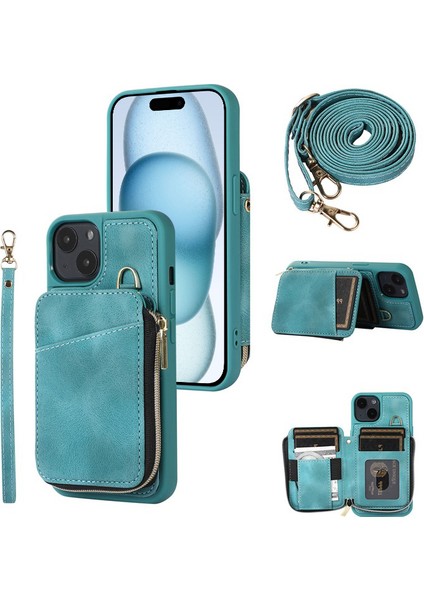 iPhone 15 Plus Kickstand Deri Kaplamalı Tpu Kılıfı, Fermuar Cüzdan Cep Telefonu Kapağı (Yurt Dışından)