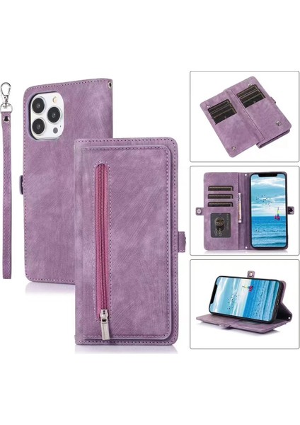 iPhone 15 Plus Görüntüleme Stand Cüzdan Kılıfı 9 Kart Yuvaları Zipper Cep Pu Deri Telefon Kapağı Kayış (Yurt Dışından)