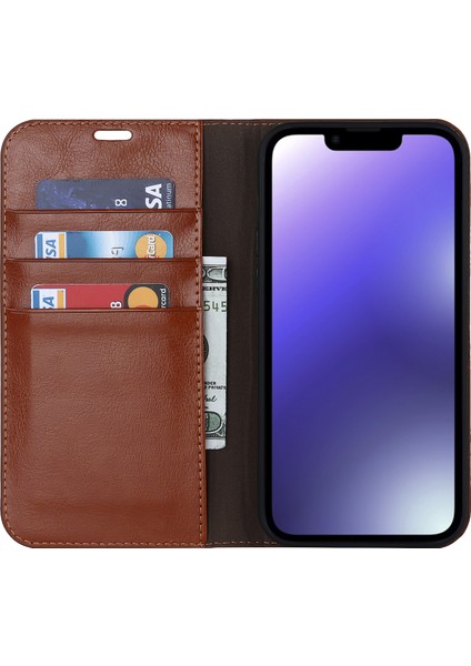iPhone 15 Çılgın At Doku Stand Kapağı Inek Deri Cüzdan Koruyucu Telefon Kılıfı (Yurt Dışından)