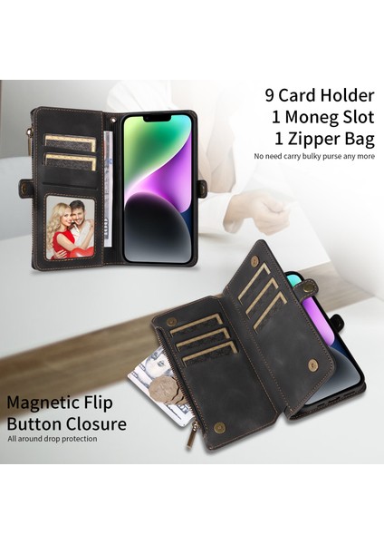 iPhone 15 Fermuar Cep Deri Telefon Kasası, Rfıd Engelleme Cüzdan Standı Telefon Kapağı (Yurt Dışından)