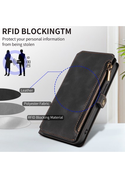 iPhone 15 Fermuar Cep Deri Telefon Kasası, Rfıd Engelleme Cüzdan Standı Telefon Kapağı (Yurt Dışından)