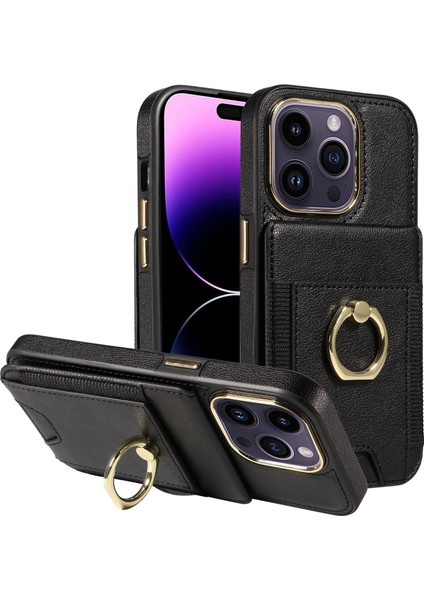 iPhone 15 Pro Pu Deri+Tpu Kart Yuvaları Vaka Yüzük Kickstand Rfıd Engelleme Telefon Kapağı (Yurt Dışından)