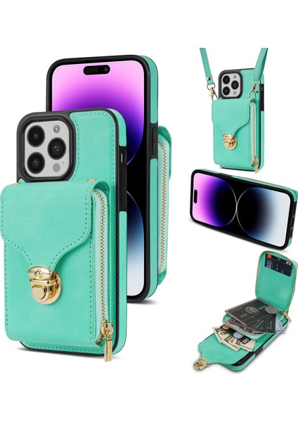 iPhone 15 Pro Kart Tutucu Zipper Cep Kılıfı Pu Derisi + Tpu Kickstand Telefon Kapağı Kayışla (Yurt Dışından)