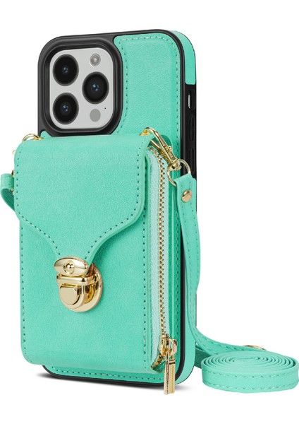 iPhone 15 Pro Kart Tutucu Zipper Cep Kılıfı Pu Derisi + Tpu Kickstand Telefon Kapağı Kayışla (Yurt Dışından)
