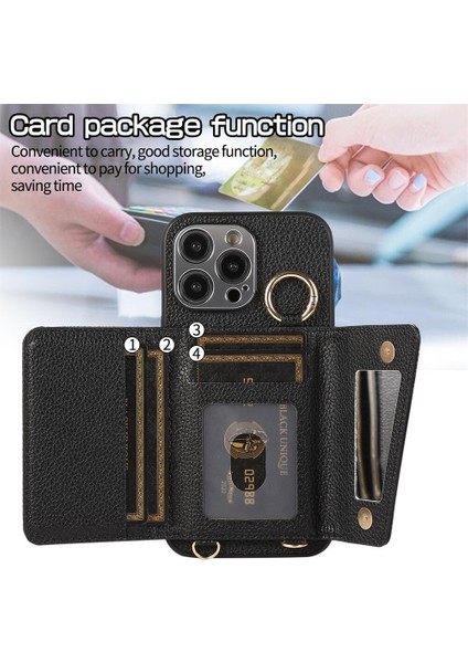 iPhone 15 Pro Kart Tutucu Pu+Pc+Tpu Kickstand Kılıf Kordonlu Darbeye Dayanıklı Telefon Kılıfı (Yurt Dışından)