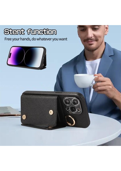 iPhone 15 Pro Kart Tutucu Pu+Pc+Tpu Kickstand Kılıf Kordonlu Darbeye Dayanıklı Telefon Kılıfı (Yurt Dışından)