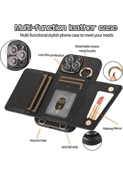 iPhone 15 Pro Kart Tutucu Pu+Pc+Tpu Kickstand Kılıf Kordonlu Darbeye Dayanıklı Telefon Kılıfı (Yurt Dışından)