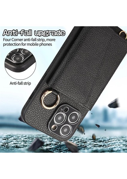 iPhone 15 Pro Kart Tutucu Pu+Pc+Tpu Kickstand Kılıf Kordonlu Darbeye Dayanıklı Telefon Kılıfı (Yurt Dışından)