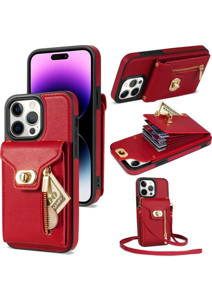 iPhone 15 Pro Max Zipper Cep Deri Kaplamalı Tpu Telefon Kılıfı Tutucu Kickstand Cover (Yurt Dışından)