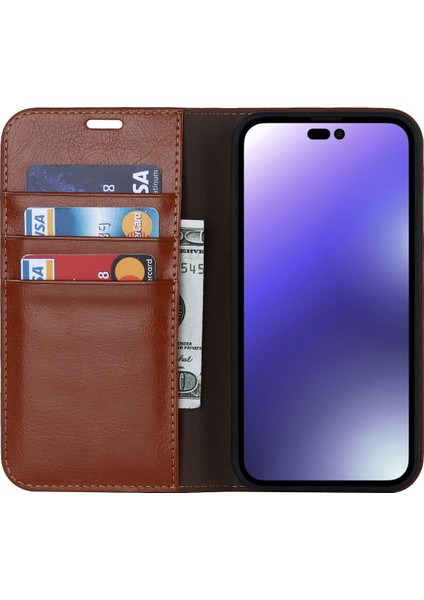 iPhone 15 Pro Crazy Horse Doku Anti-Fall Kapak Inek Deri Stand Cüzdan Telefon Kılıfı (Yurt Dışından)