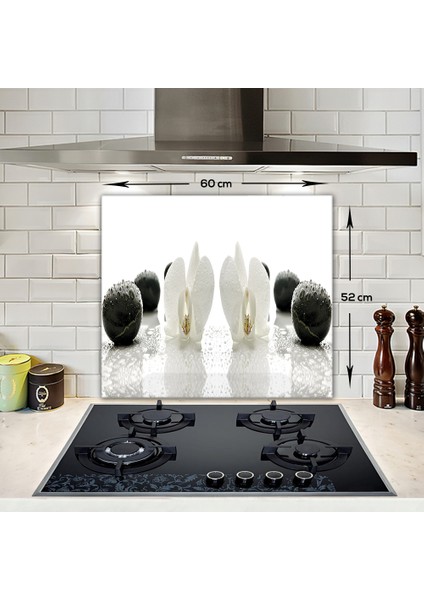 Beyaz Orkide Siyah Oniks | Ocak Arkası Koruyucu | 52cm x 60cm modelleri