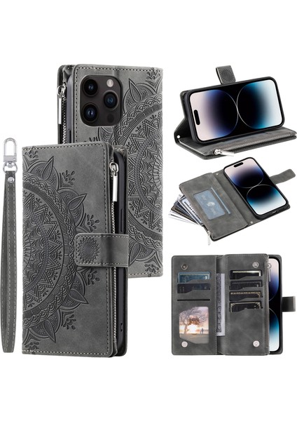 iPhone 15 Pro Max Pu Deri Kart Tutucu Fermuarı Cep Cüzdan Kılıf Stand Straps (Yurt Dışından)