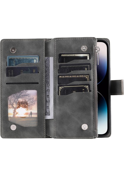 iPhone 15 Pro Max Pu Deri Kart Tutucu Fermuarı Cep Cüzdan Kılıf Stand Straps (Yurt Dışından)