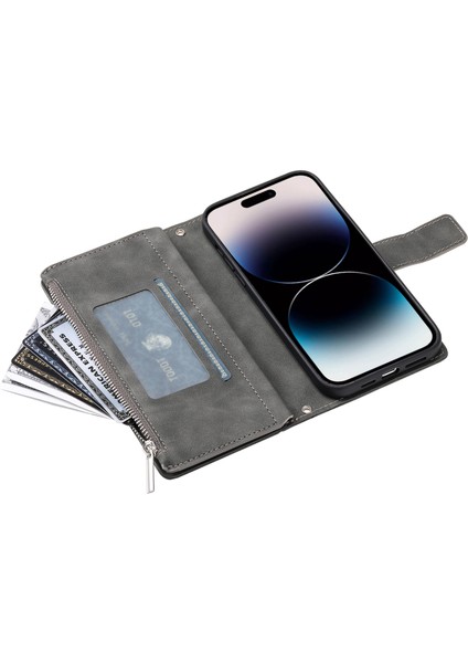 iPhone 15 Pro Max Pu Deri Kart Tutucu Fermuarı Cep Cüzdan Kılıf Stand Straps (Yurt Dışından)