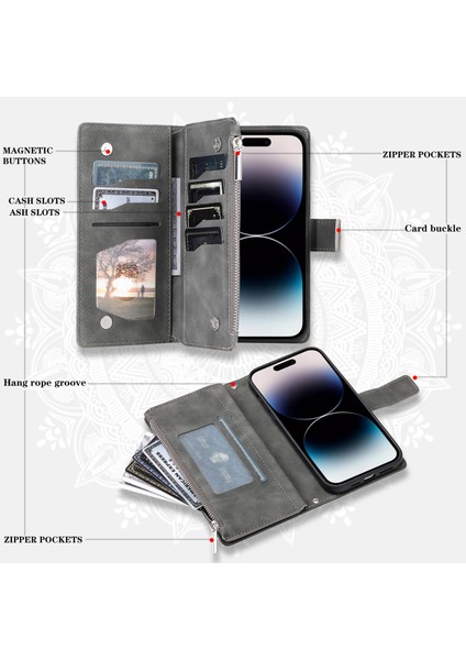 iPhone 15 Pro Max Pu Deri Kart Tutucu Fermuarı Cep Cüzdan Kılıf Stand Straps (Yurt Dışından)