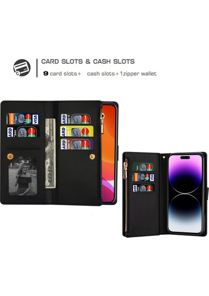 iPhone 15 Pro Fermuar Cüzdanı Telefon Kılıfı Pu Deri Deri Glittery Lazer Oyma Stand Kapağı (Yurt Dışından)