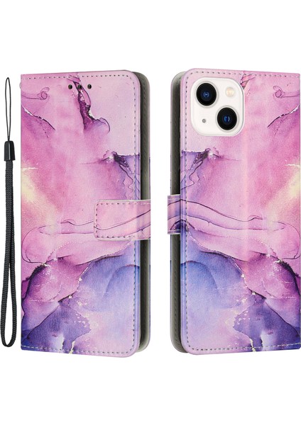 iPhone 15 Mermer Desen Telefon Cüzdan Kılıfı, Kayışlı Standı Pu Deri Kapağı (Yurt Dışından)