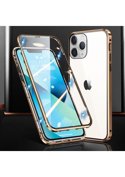 iPhone 15 Pro Max Kılıf Manyetik Kapatma Metal Çerçeve + Çift Taraflı Temperli Cam Telefon Kapağı (Yurt Dışından)