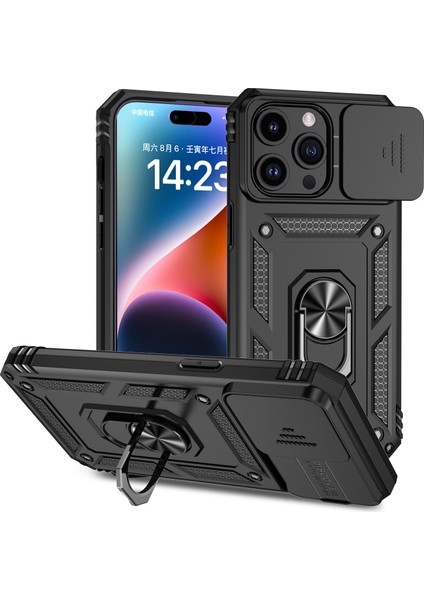 iPhone 15 Pro Max Slide Kamera Koruyucu Telefon Kılıfı Metal Yüzük Kickstand Anti-Cratch Pc + Tpu Kapağı (Yurt Dışından)
