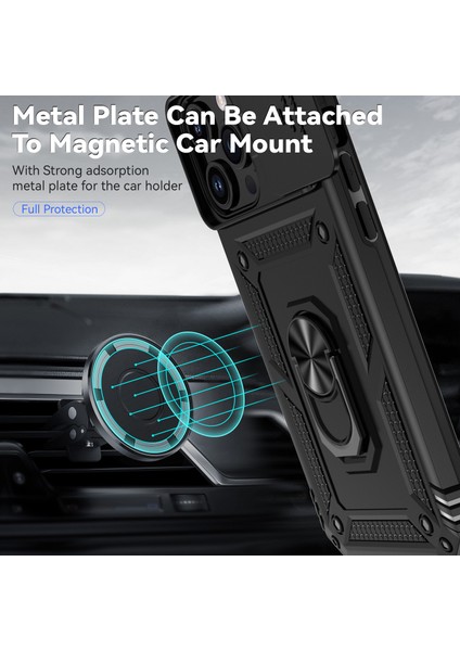 iPhone 15 Pro Max Slide Kamera Koruyucu Telefon Kılıfı Metal Yüzük Kickstand Anti-Cratch Pc + Tpu Kapağı (Yurt Dışından) modelleri