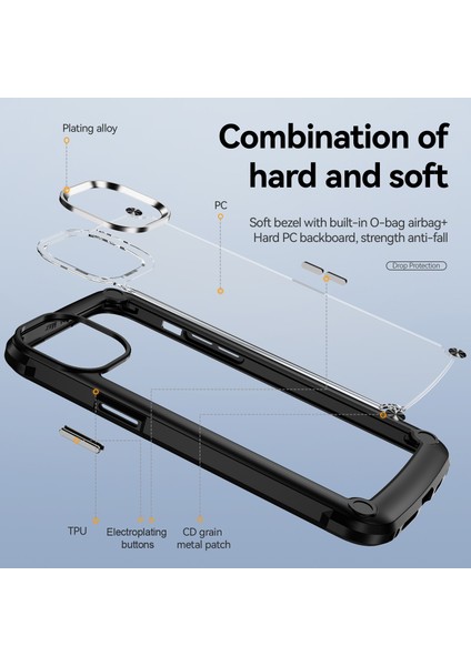 iPhone 15 Damla Geçirmez Telefon Kılıfı Alaşım Lens Çerçevesi Pc+Tpu Hibrid Arka Kapak (Yurt Dışından)
